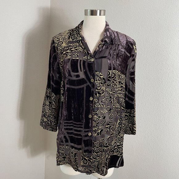 Un Jour Ailleurs Womens 10 Button Up Velvet Burnout Shirt Tunic Top Purple Gold - Picture 1 of 13